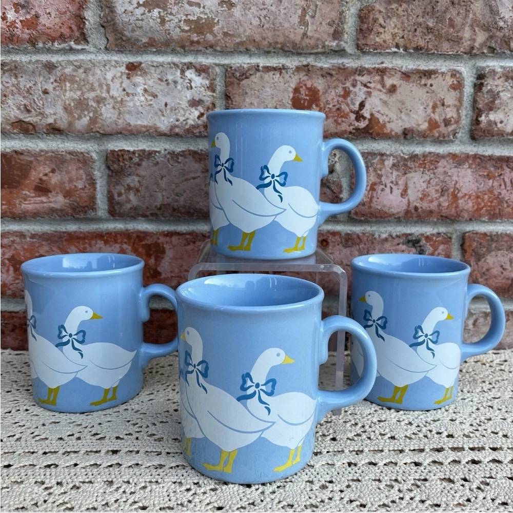 VTG Mother Goose Blue Bow Tie Coffee Mugs Cups Country Farmhouse Made in England